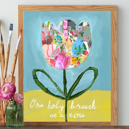 Inspirational art print that says One Holy Breath at a Time, perfect for yoga studios, meditation spaces, or therapy offices.