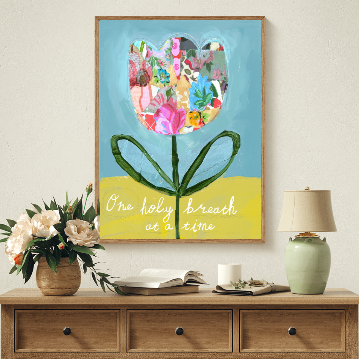 Inspirational art print that says One Holy Breath at a Time, perfect for yoga studios, meditation spaces, or therapy offices.